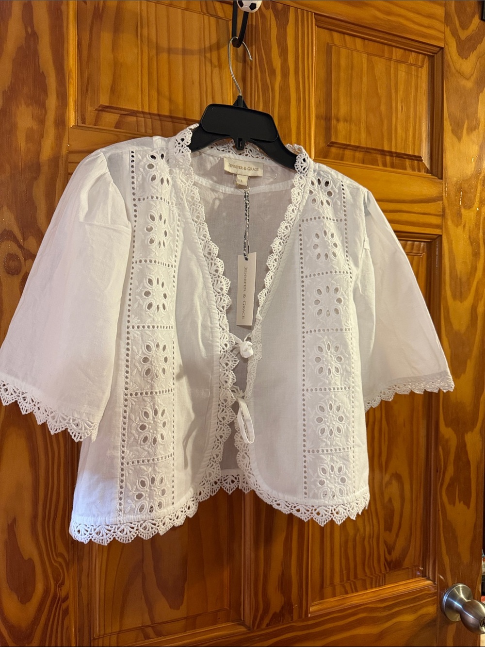 Broderie Anglaise White Cotton Tie-Front Top